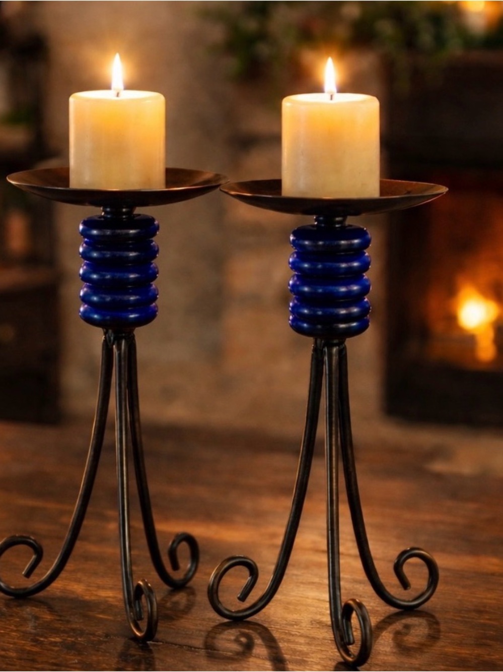 Vintage Metal Candle Holders Set of 2 Cobalt Blue Glass Bronze Tripod Pedestal‎